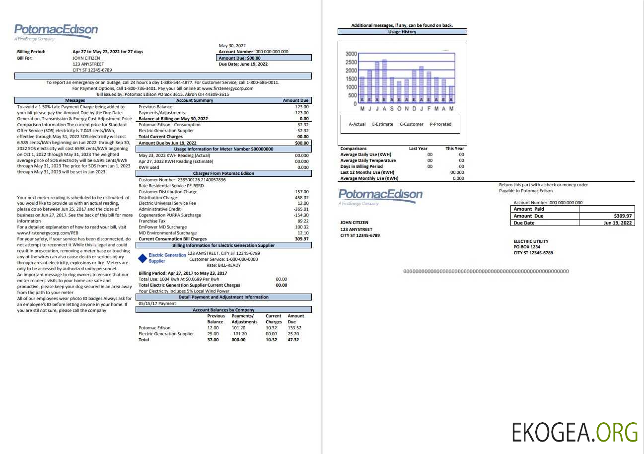 USA Maryland Potomac Edison utility bill, Word and PDF template, 2 pages